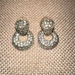 Vintage Clear Pave Rhinestone Door Knocker Silver Tone Pierced Earrings By Roman